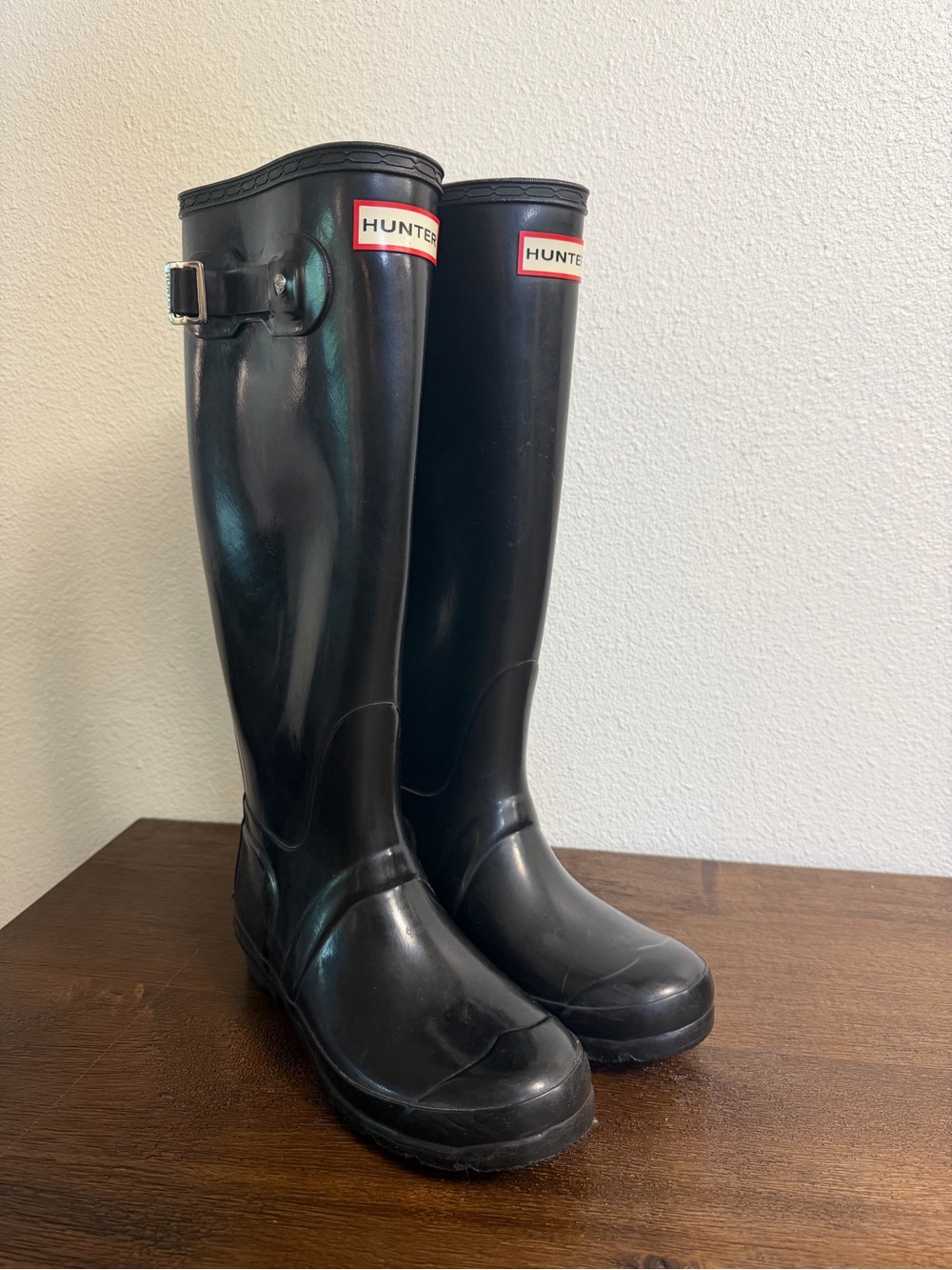 Hunter Black Gloss Tall Rain Boots with Side Buckle